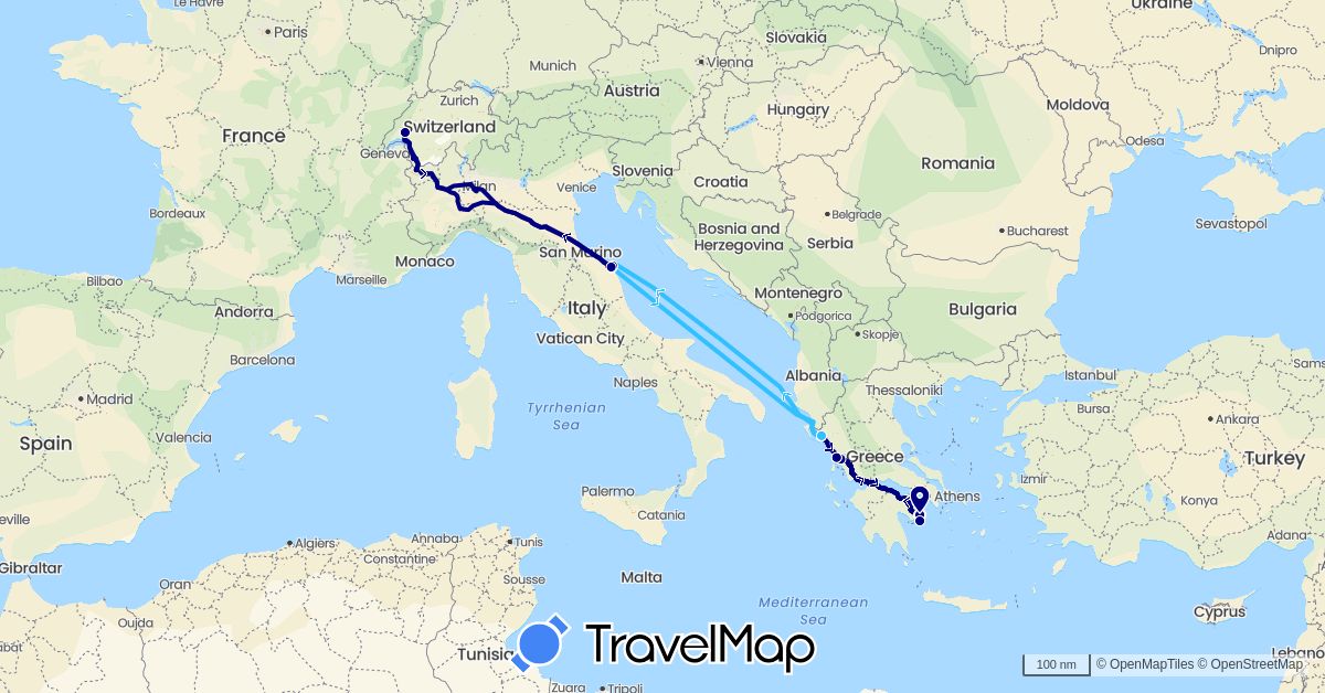 TravelMap itinerary: driving, boat in Switzerland, Greece, Italy (Europe)