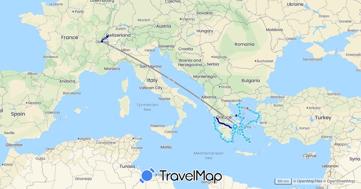 TravelMap itinerary: driving, bus, plane, cycling, train, hiking, boat in Switzerland, Greece (Europe)