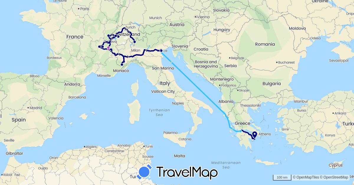 TravelMap itinerary: driving, train, hiking, boat in Switzerland, France, Greece, Italy (Europe)