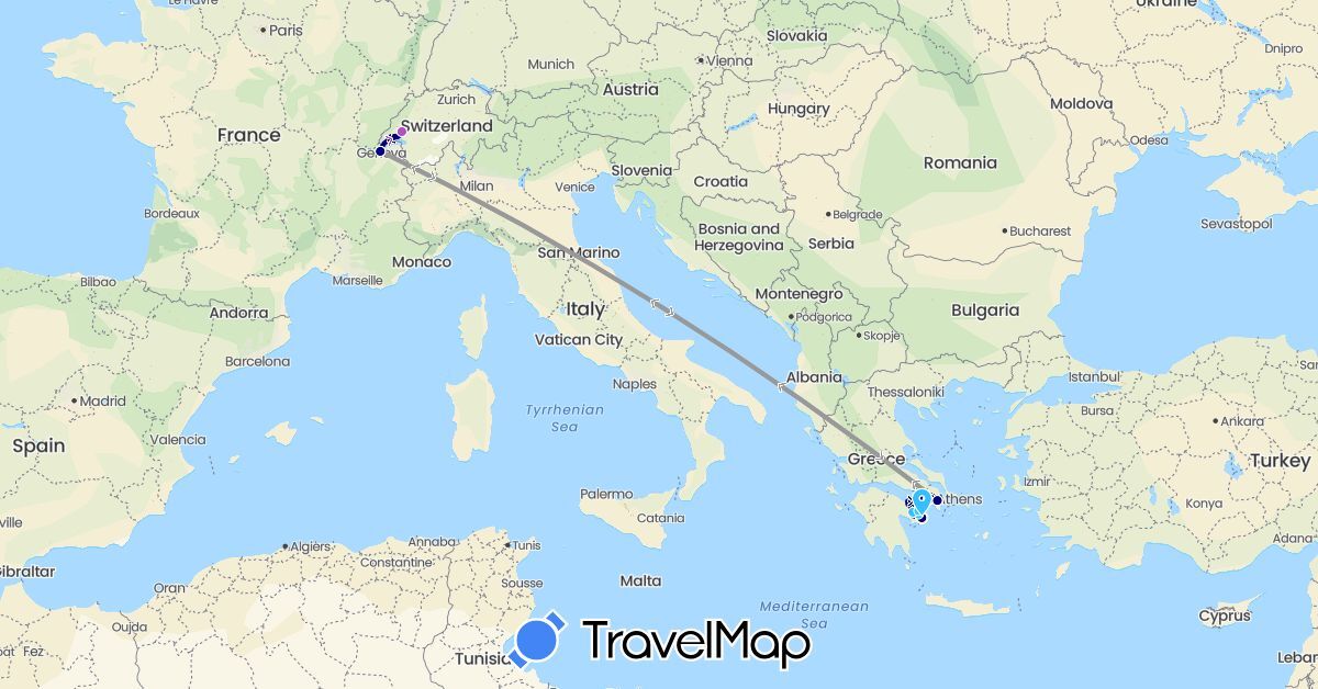 TravelMap itinerary: driving, plane, train, boat in Switzerland, Greece (Europe)
